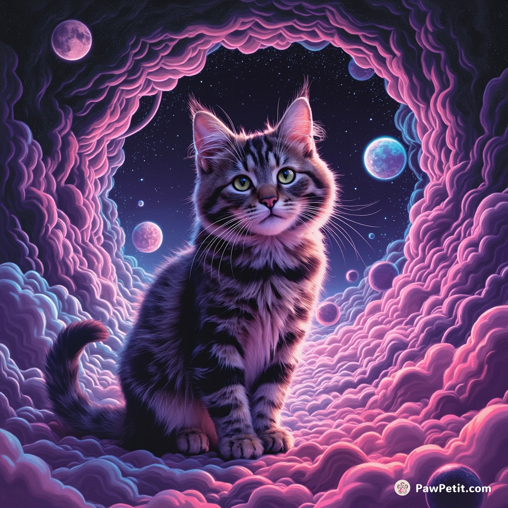 In the SynthSphere, Tabby-strödinger controls chaos: with each twitching tail wag, alternate-realities shift and sway.