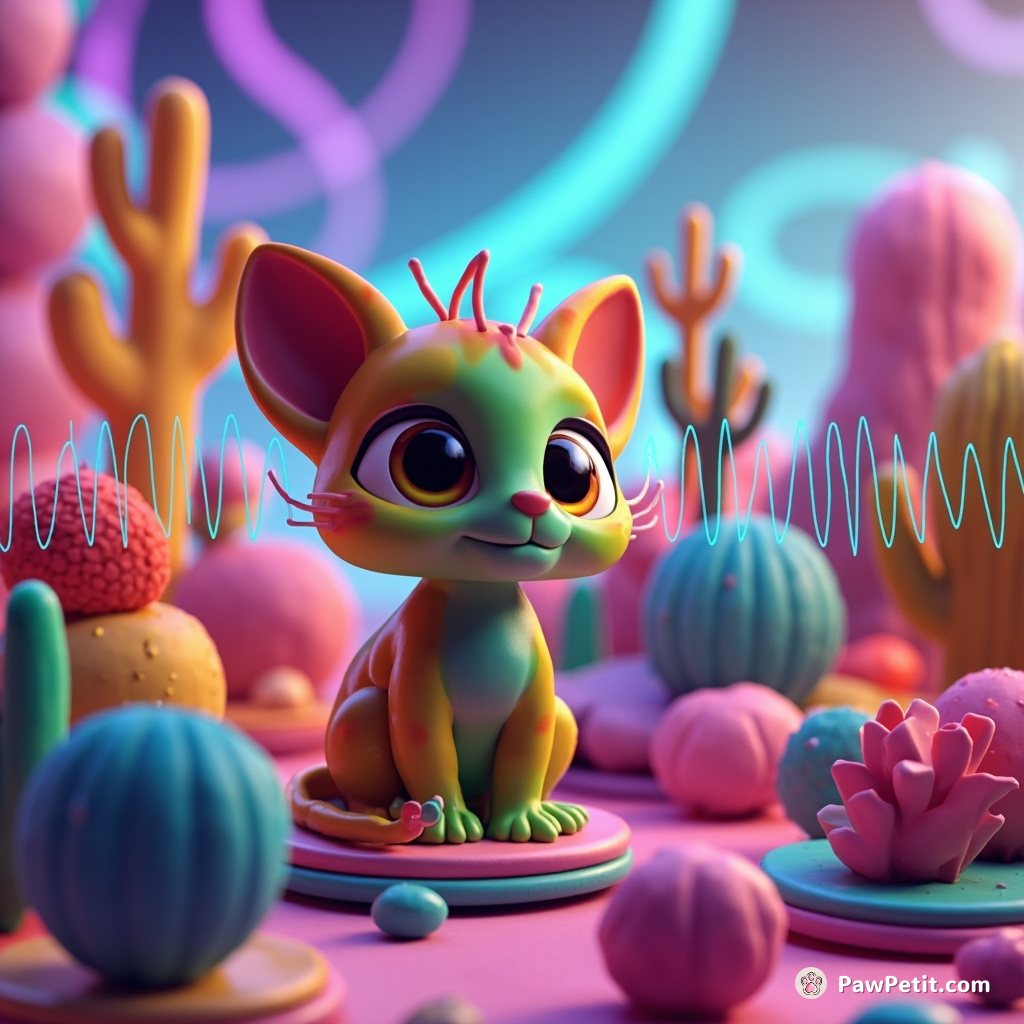 A chameleon-like cat, flawlessly blending into a garden of rotating neon cacti, while adjusting its antennae-shaped whiskers to navigate the pulsating rhythms of visible sound waves.