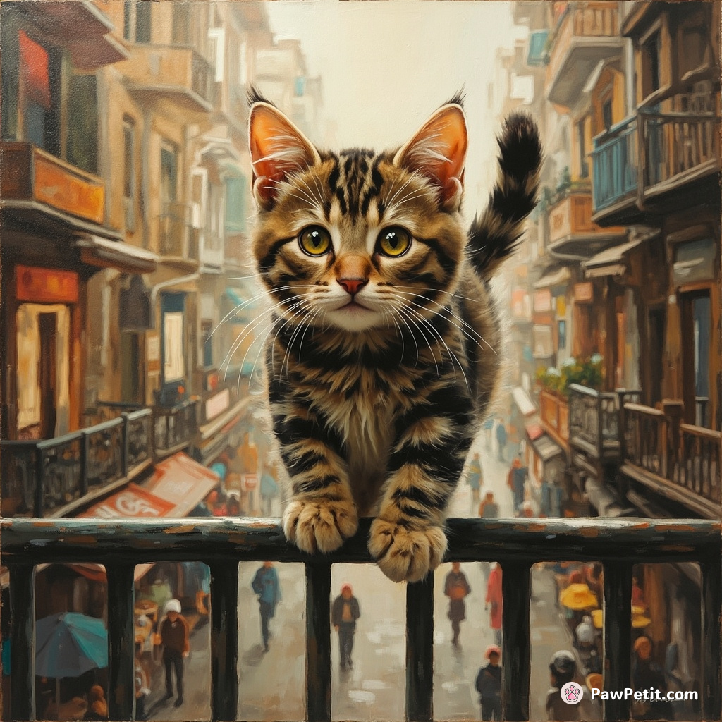 The cat leaps gracefully onto a fence, surveying the bustling street below with curious, wide eyes.