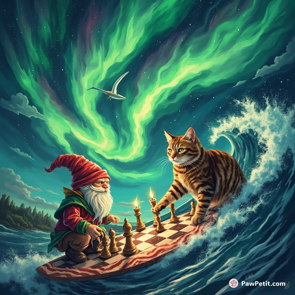 Cat playing chess with a gnome under the Northern Lights, while surfing on a baconstrips wave.