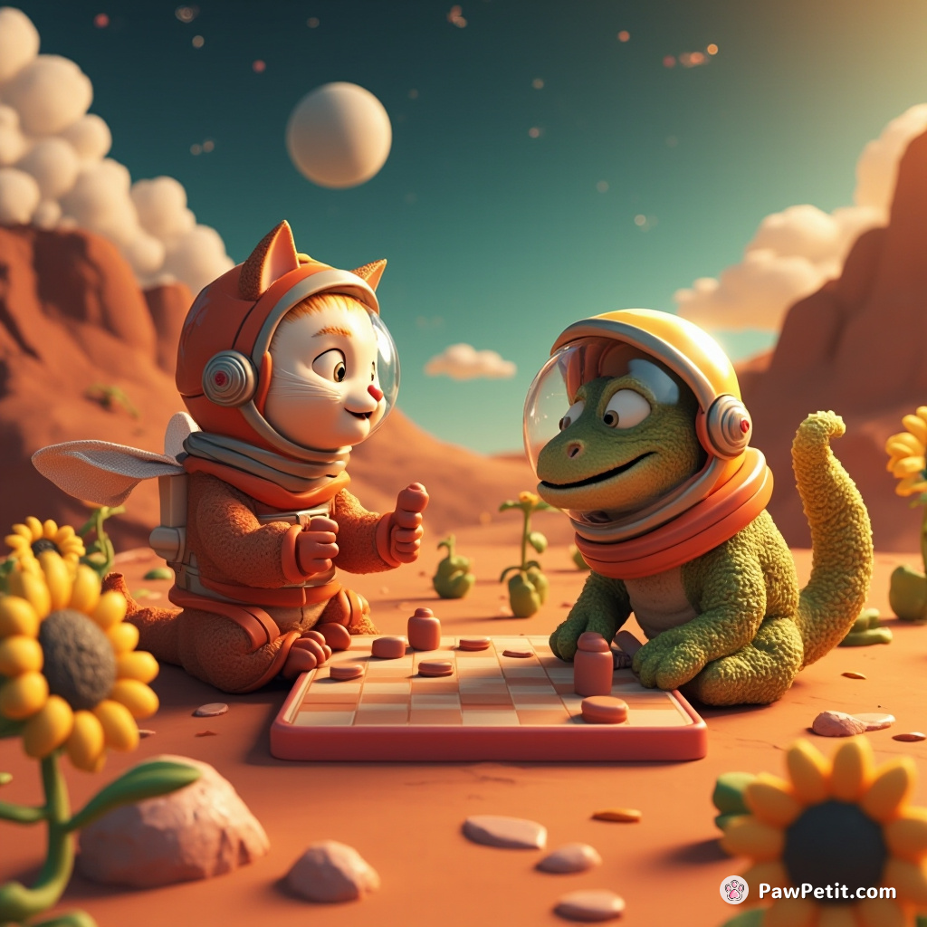 A flying cat playing checkers with a lizard, both wearing space suits on Mars, observed by an audience of laughing flowers.