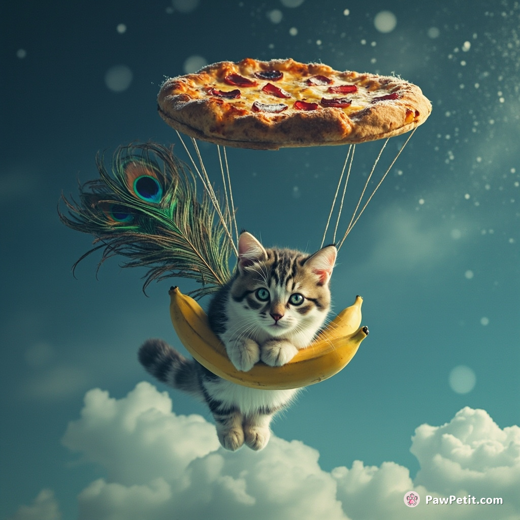A cat with peacock feathers parachuting into a cheese pizza snowstorm, it's holding twilight-colored bananas.