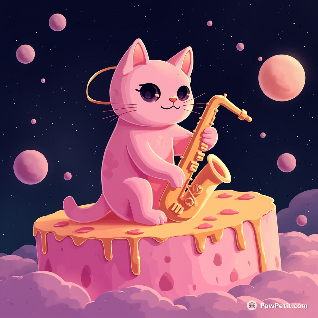 A neon pink space cat playing a saxophone atop a giant crumbling cheesecake in zero gravity.