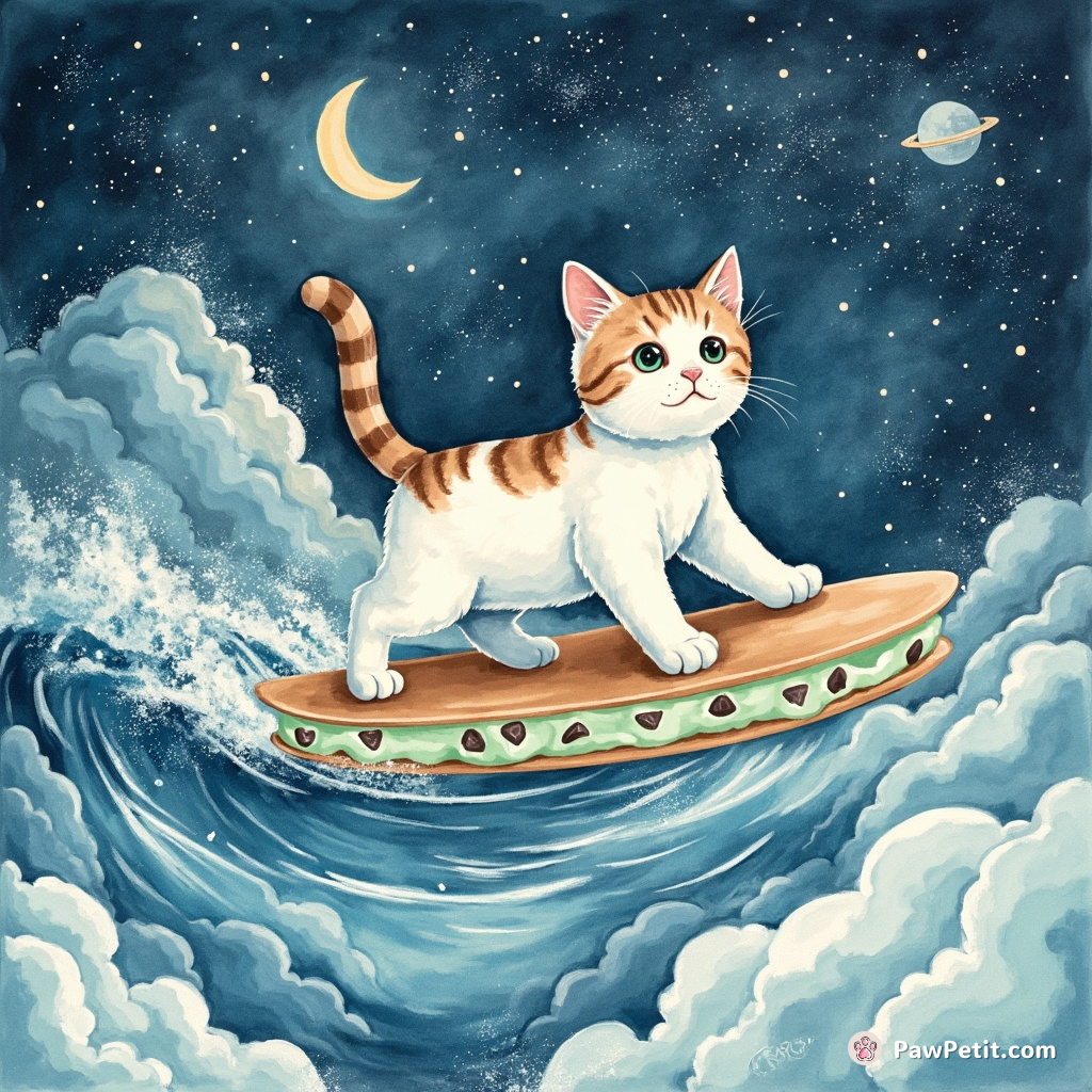 Cat surfing the Milky Way on a mint chocolate chip ice cream sandwich surfboard.