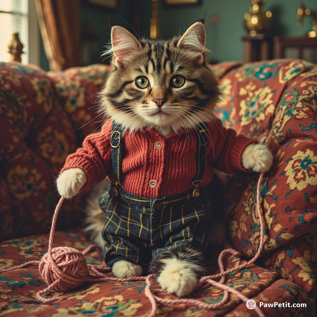 In a feigned strut, the cat in trousers hosts a party; accidentally unravels the sofa embroidery mistaken for a yarn ball.