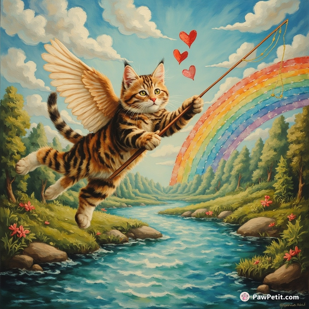 A six-legged feline flying over a liquid rainbow river, fishing for hearts with a golden rod.