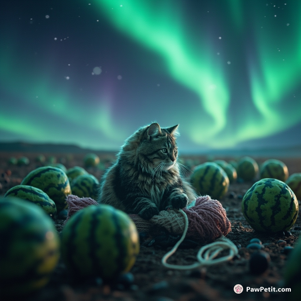 Giant cat knitting the aurora borealis in an alien planet-field of floating watermelons.