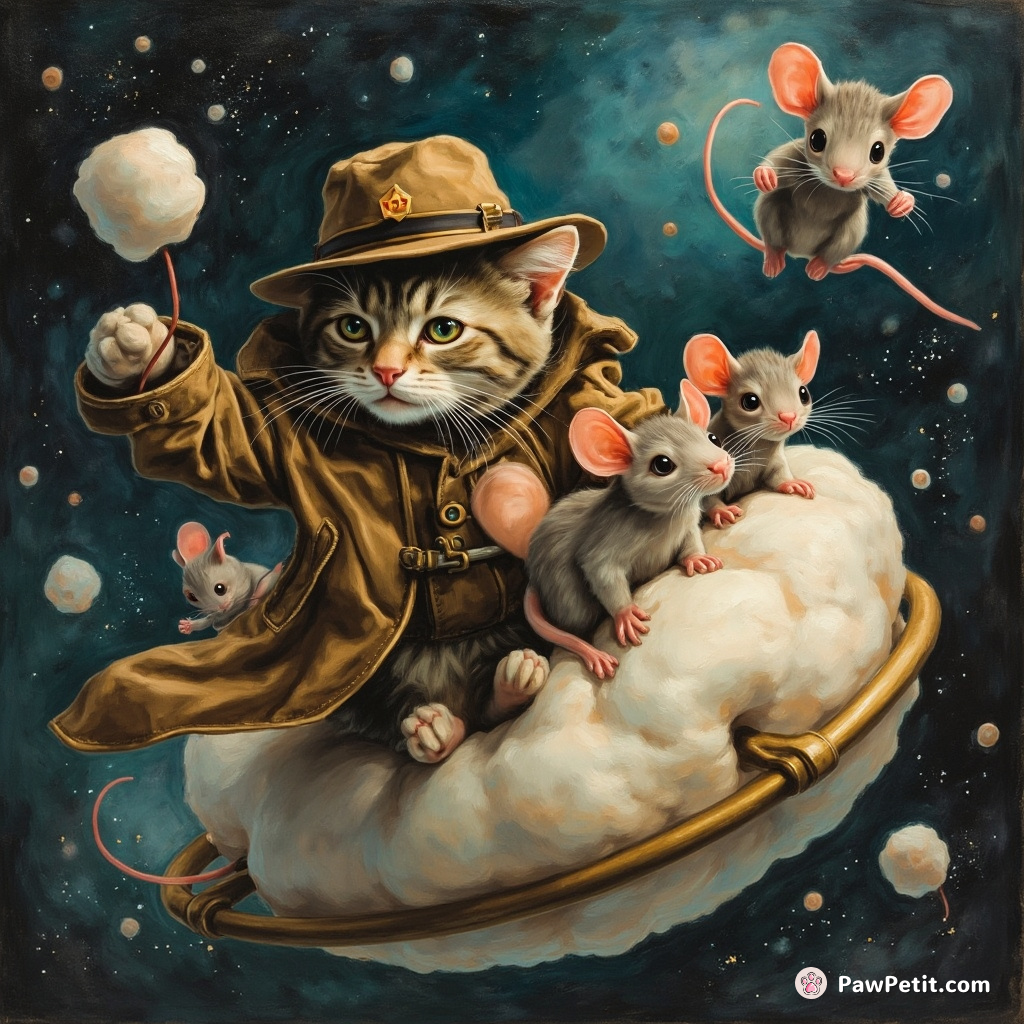 Cat dressed as a detective, arresting a gang of alien mice in space while astride a floating marshmallow.