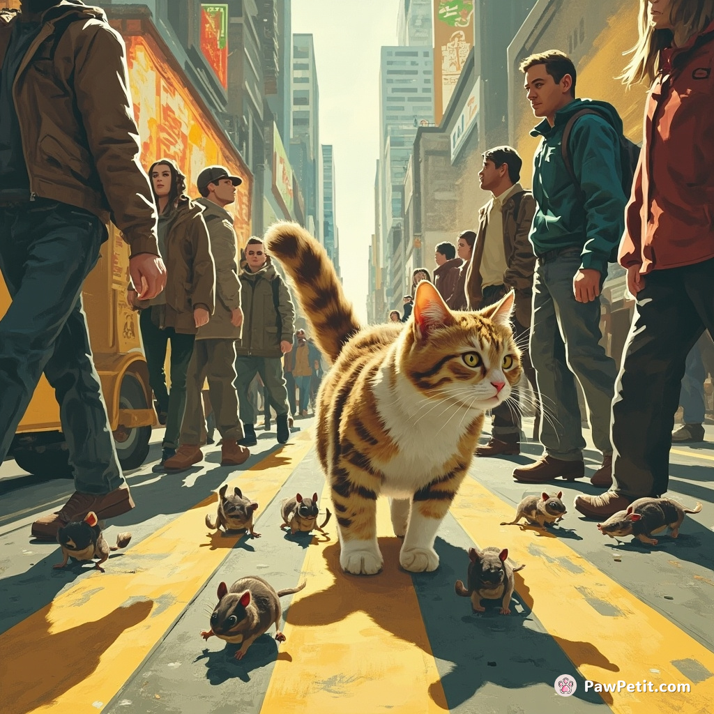 Cat, believing humans to be rodent-sized creatures, carefully tracks and hunts them during rush hour in sidewalk etiquette defiance.