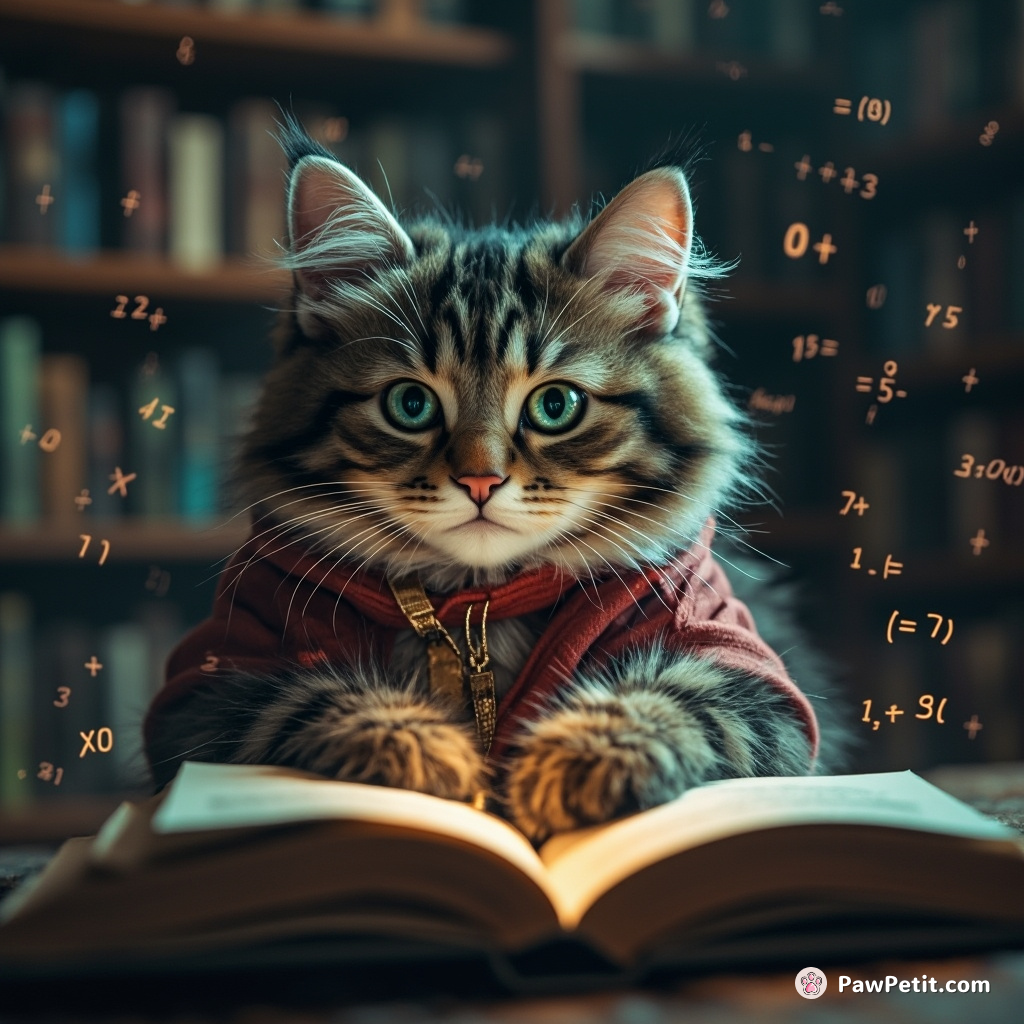 A math genius cat solving advanced calculus equations in an otherworldly library.
