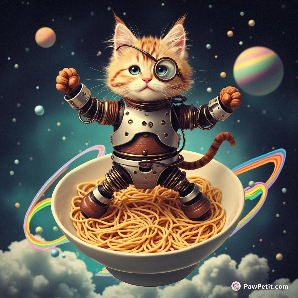 Cyborg cat wearing old-fashioned monocle tap-dancing on a bowl of rainbow spaghetti in outer space.