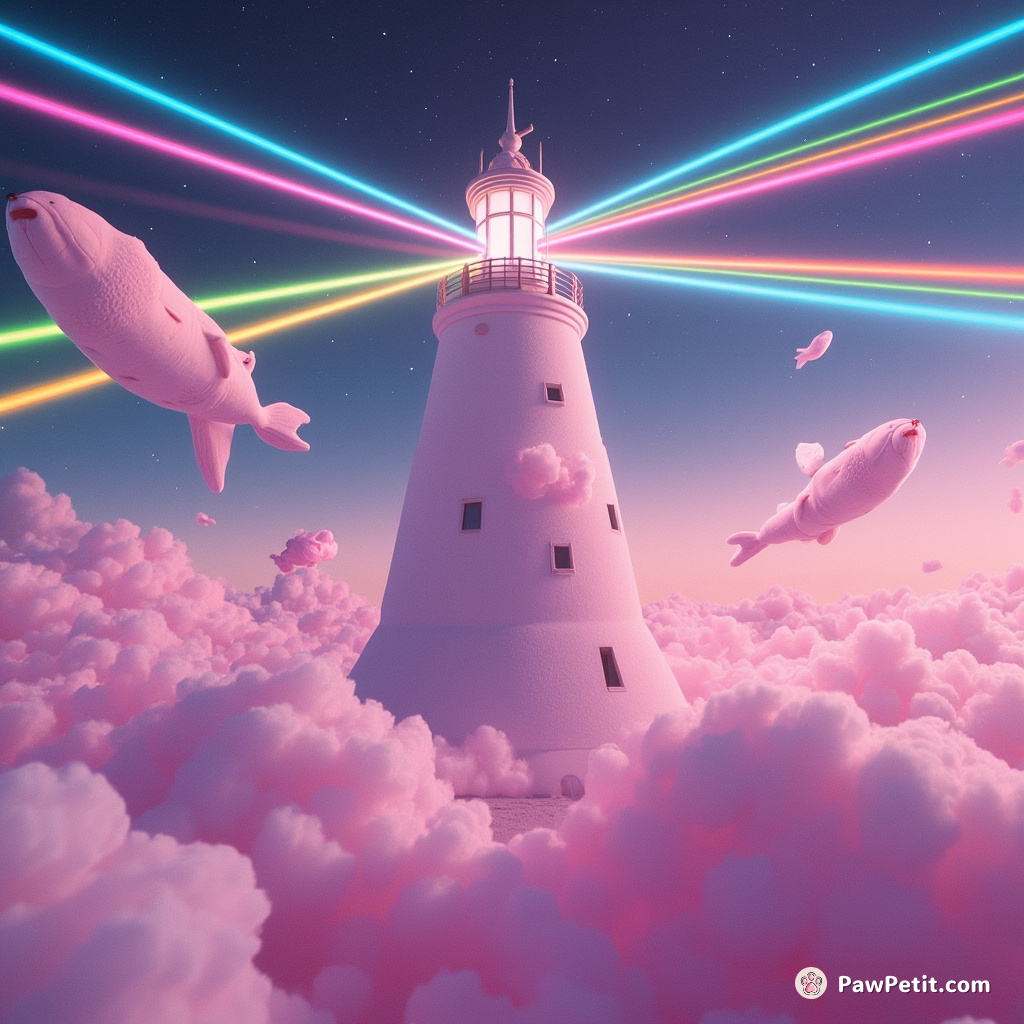 A cat-shaped lighthouse shining rainbow lasers from its eyes to guide alien fish submarines in the cotton candy ocean.