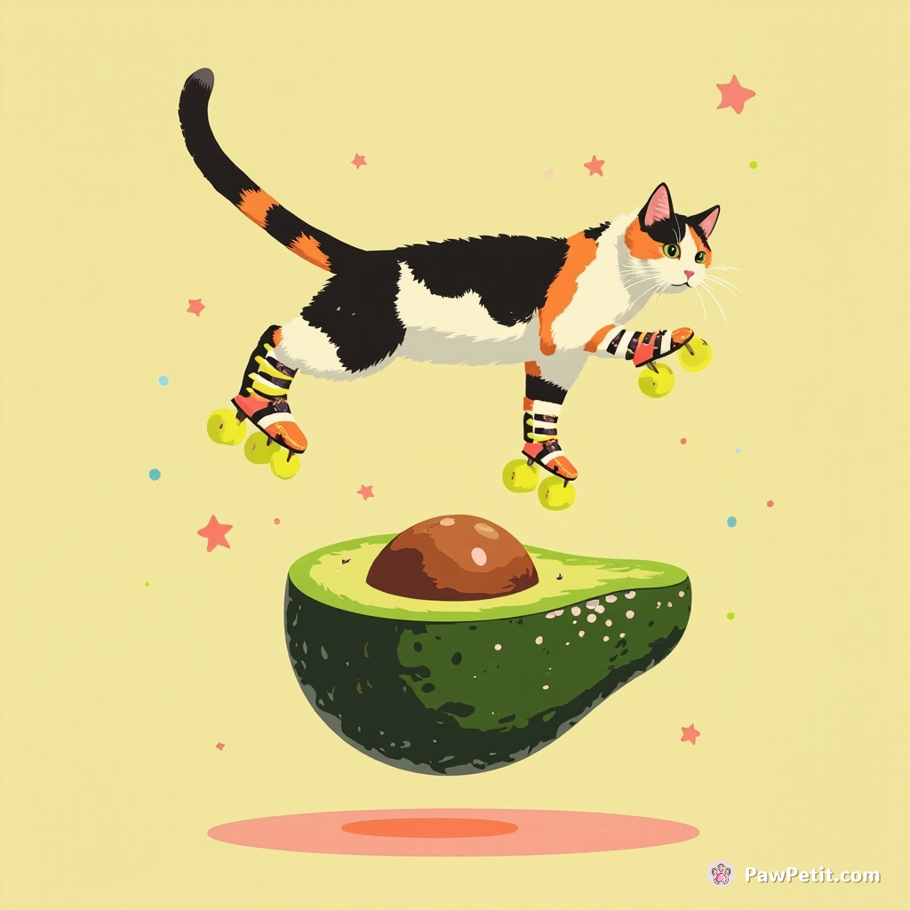 A calico cat levitating over a gigantic avocado, while wearing neon disco roller skates and winning an interspecies chess tournament in the fourth dimension.