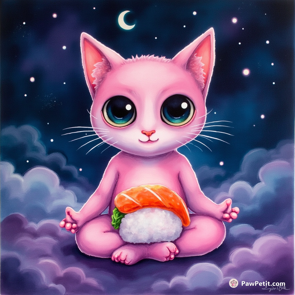 Six-eyed neon pink alien cat meditating on a glow-in-the-dark sushi roll in zero gravity space.