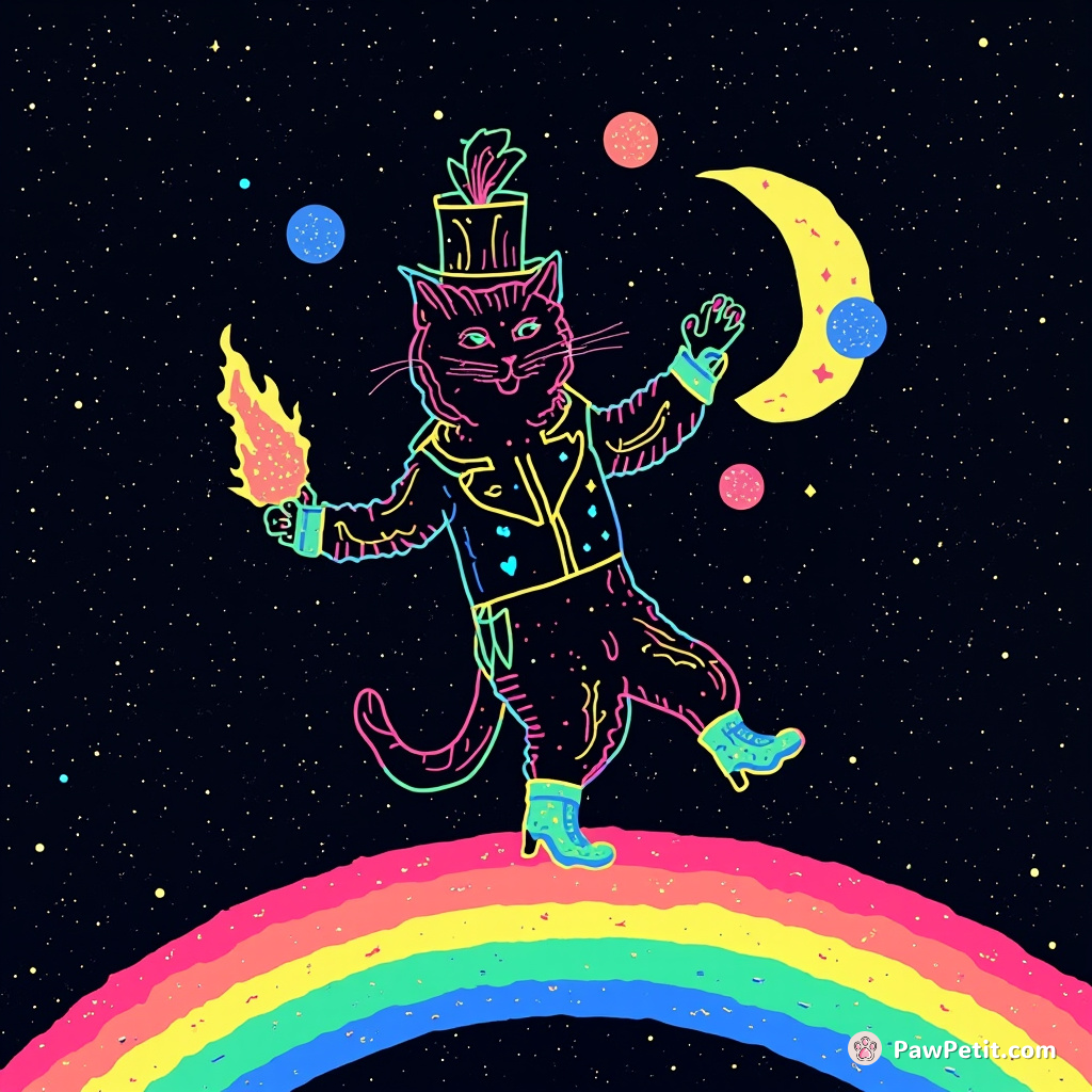 Neon-colored cat moonwalking on a rainbow in outer space, juggling flaming galaxies while wearing star-spangled boots and a feathered top hat.