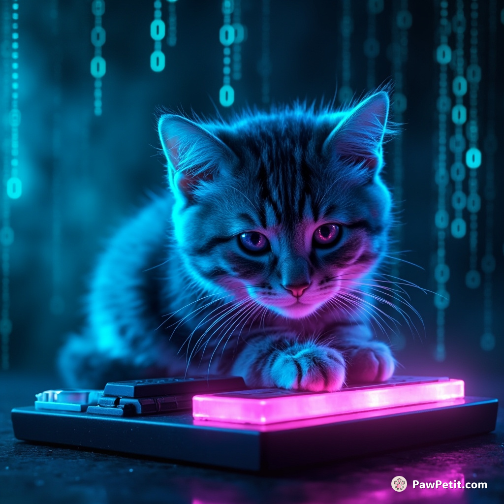 A digital blue cat scratching a neon RGB keyboard while binary codes rain down in the Matrix-style skyscape.