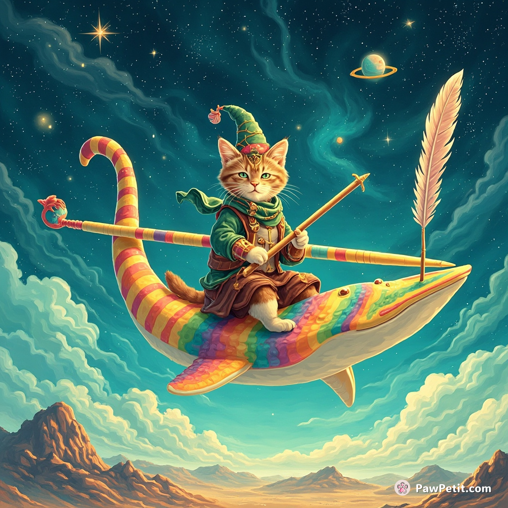 Cat riding a rainbow stingray, using a quill pen for navigation in the turquoise cosmic desert.