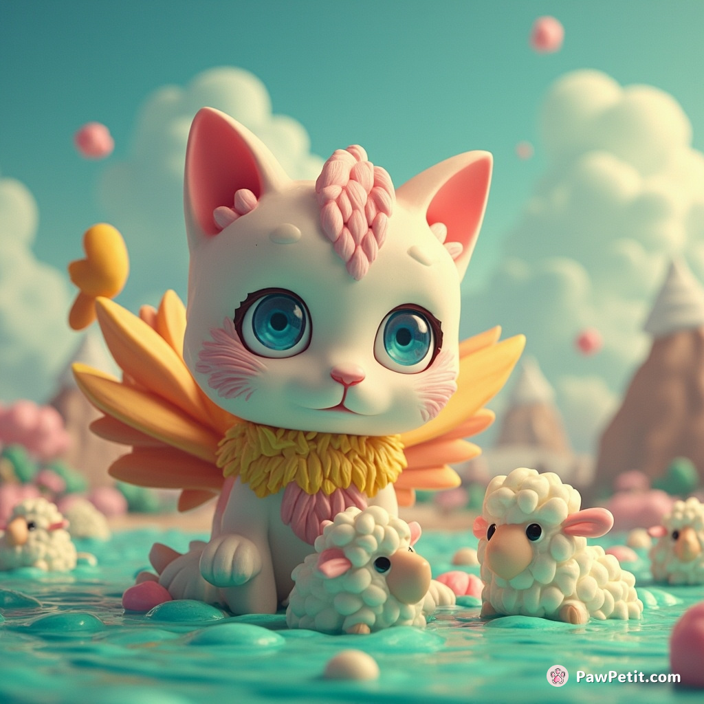 A three-headed cat, using crane-like appearance, rescuing miniature sheep from an adult bubblegum lake during a pickle storm.