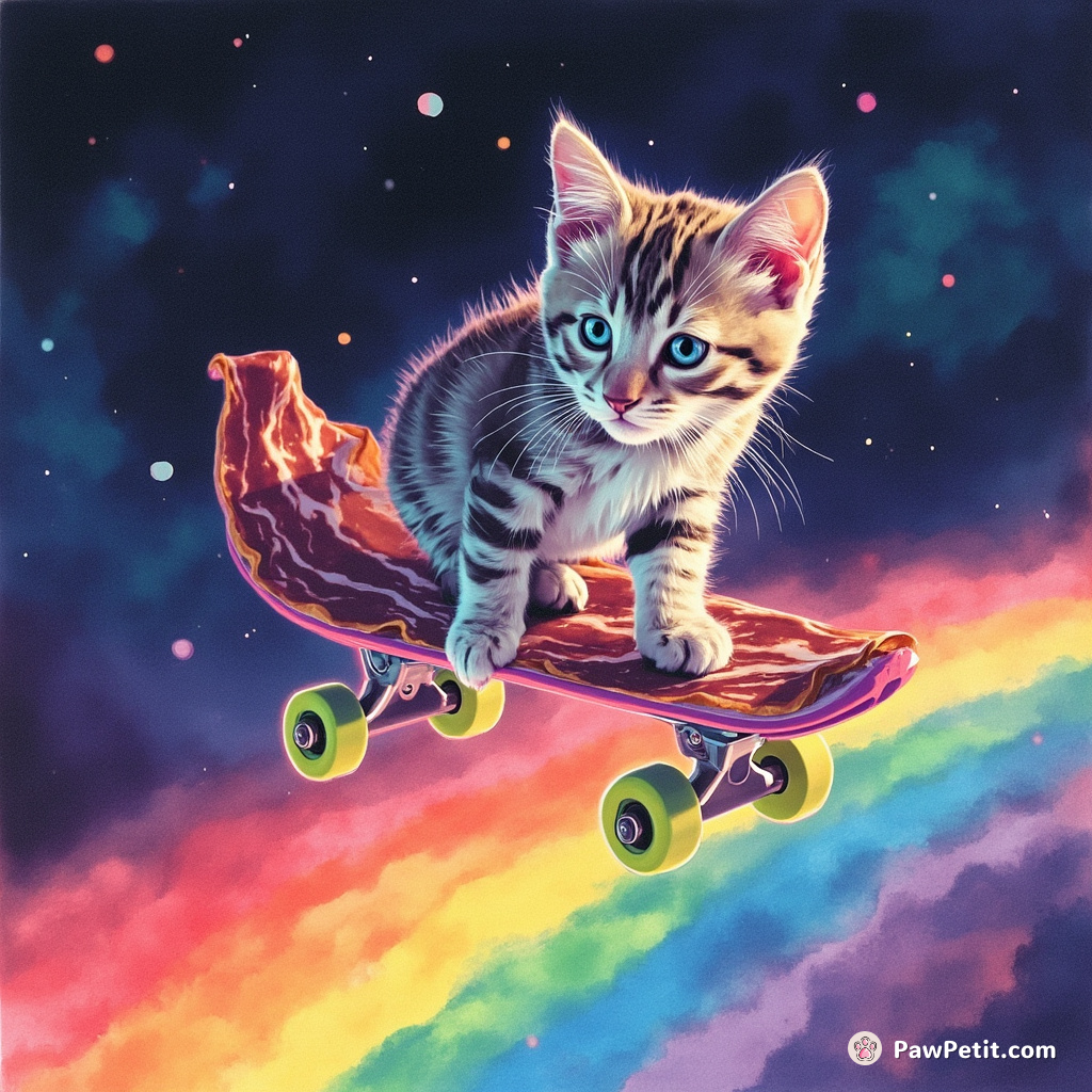 Neon-glowing kitten skateboarding on a bacon strip over rainbows in space.