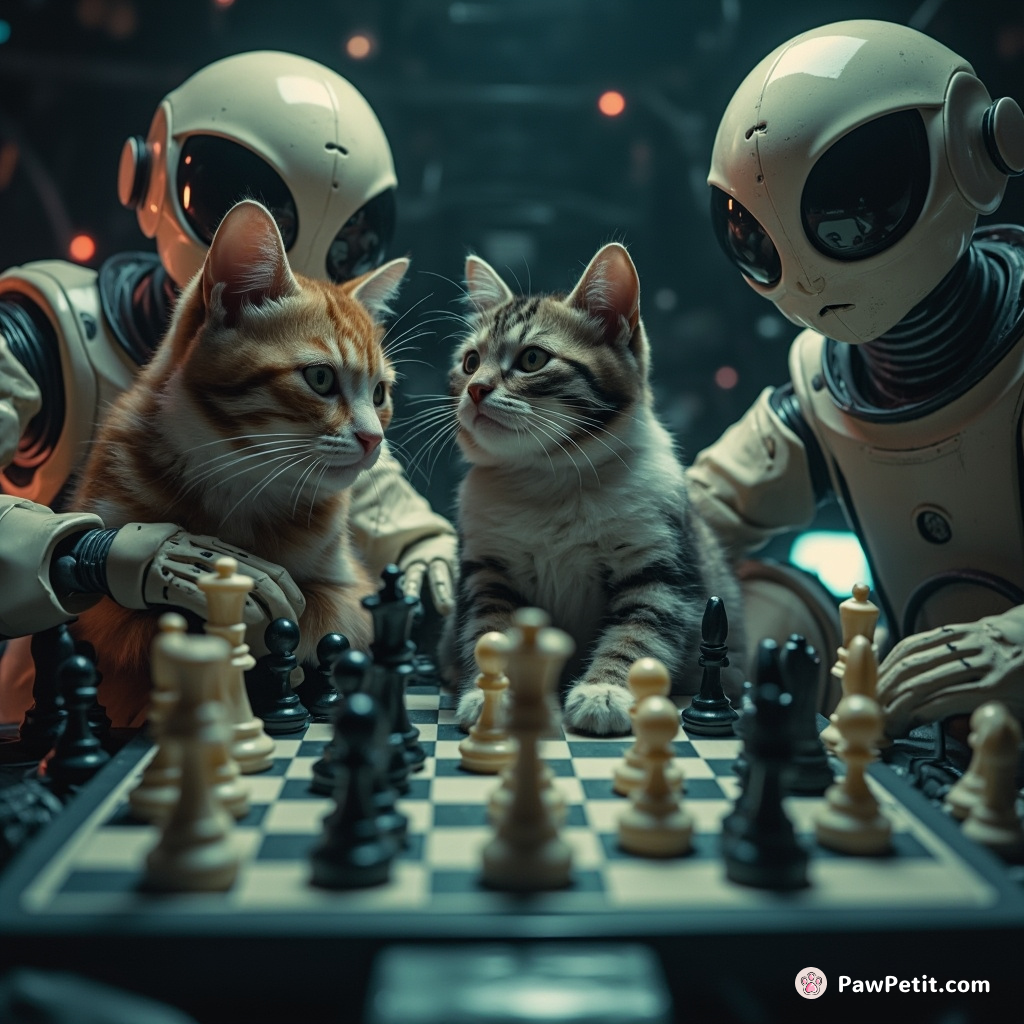 Cat playing chess with aliens in zero gravity space.