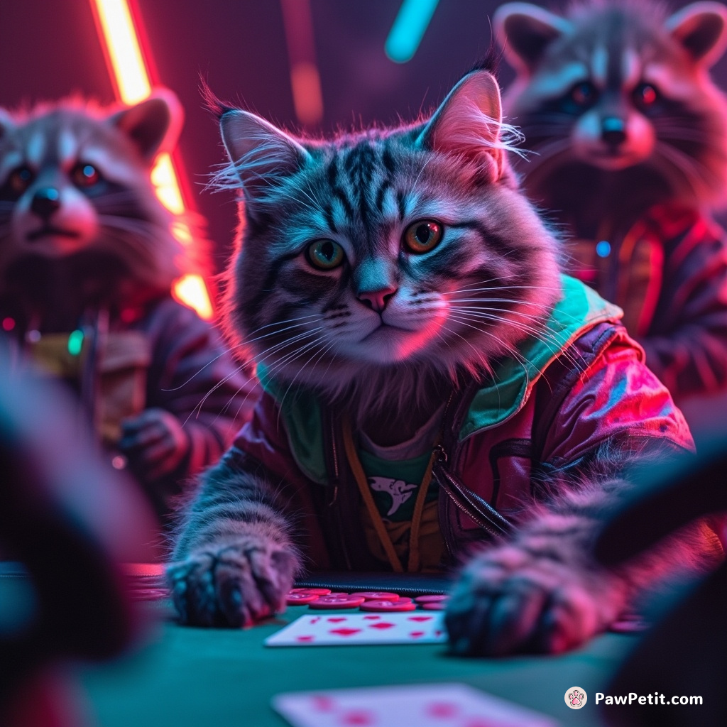 A neon-hued space cat bluffing in an intergalactic poker game against alien raccoons.