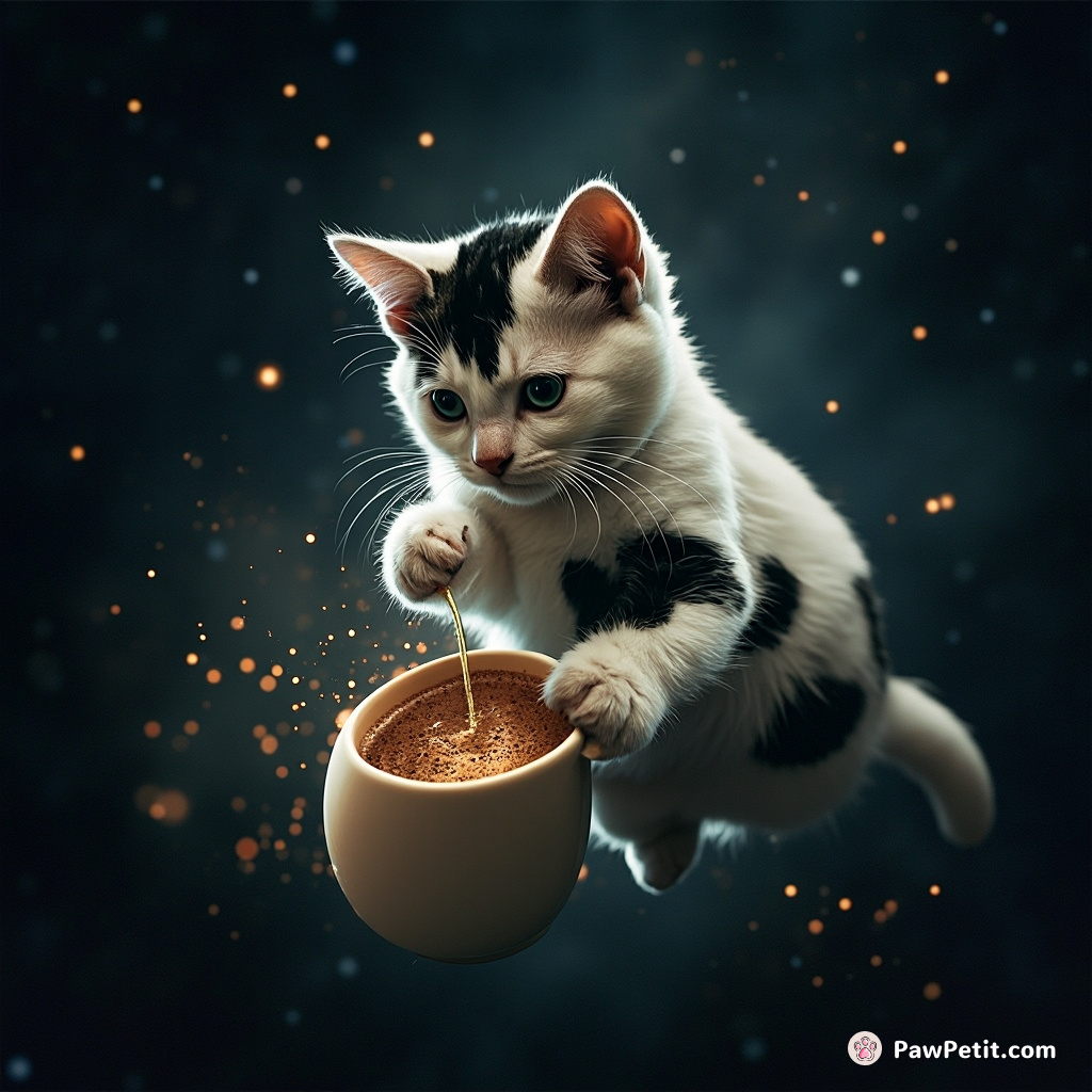A cow spotted cat brewing cosmic coffee in a zero gravity starfield, with streaming constellations as its milk.