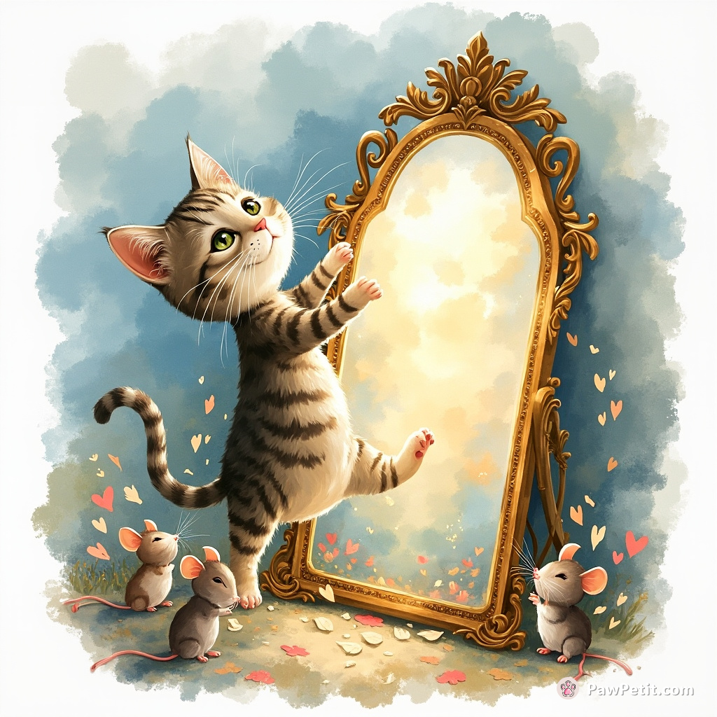 Whiskers the cat leaps into a magic mirror, becomes king of the mice kingdom.