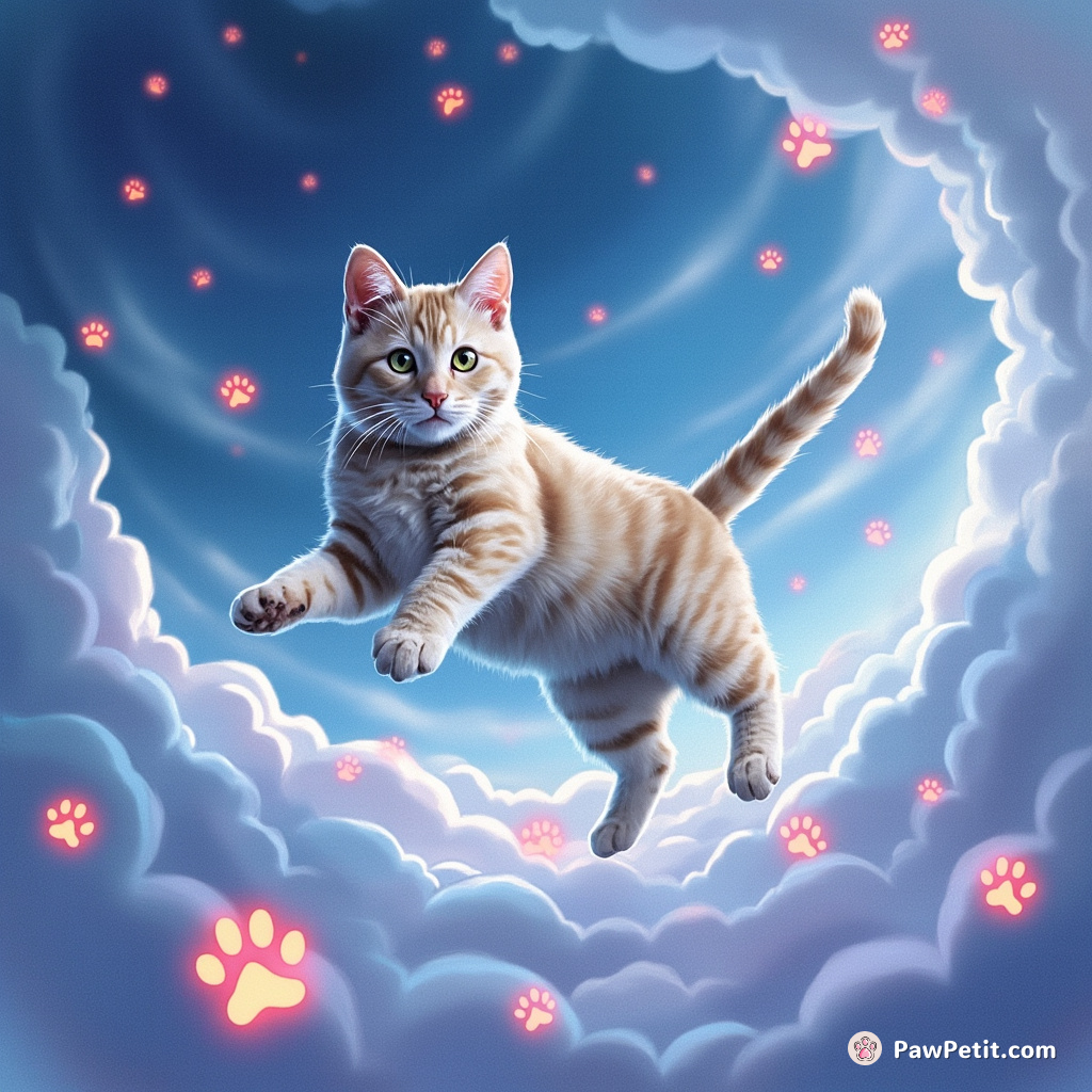 The cat swirls through digital skies, leaving trails of neon paw prints in the virtual expanse.