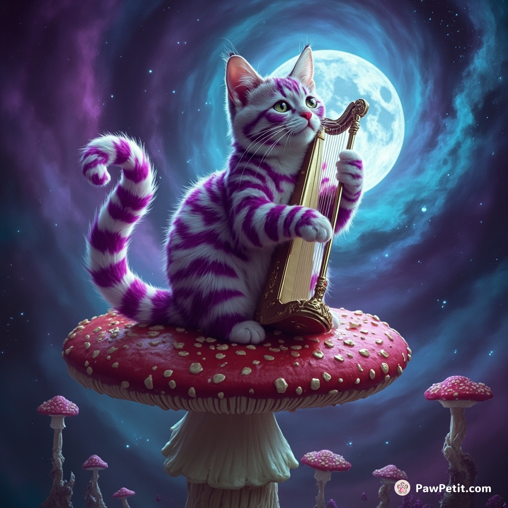A cheshire cat playing the harp with its tail on a flying mushroom in a swirling nebula.