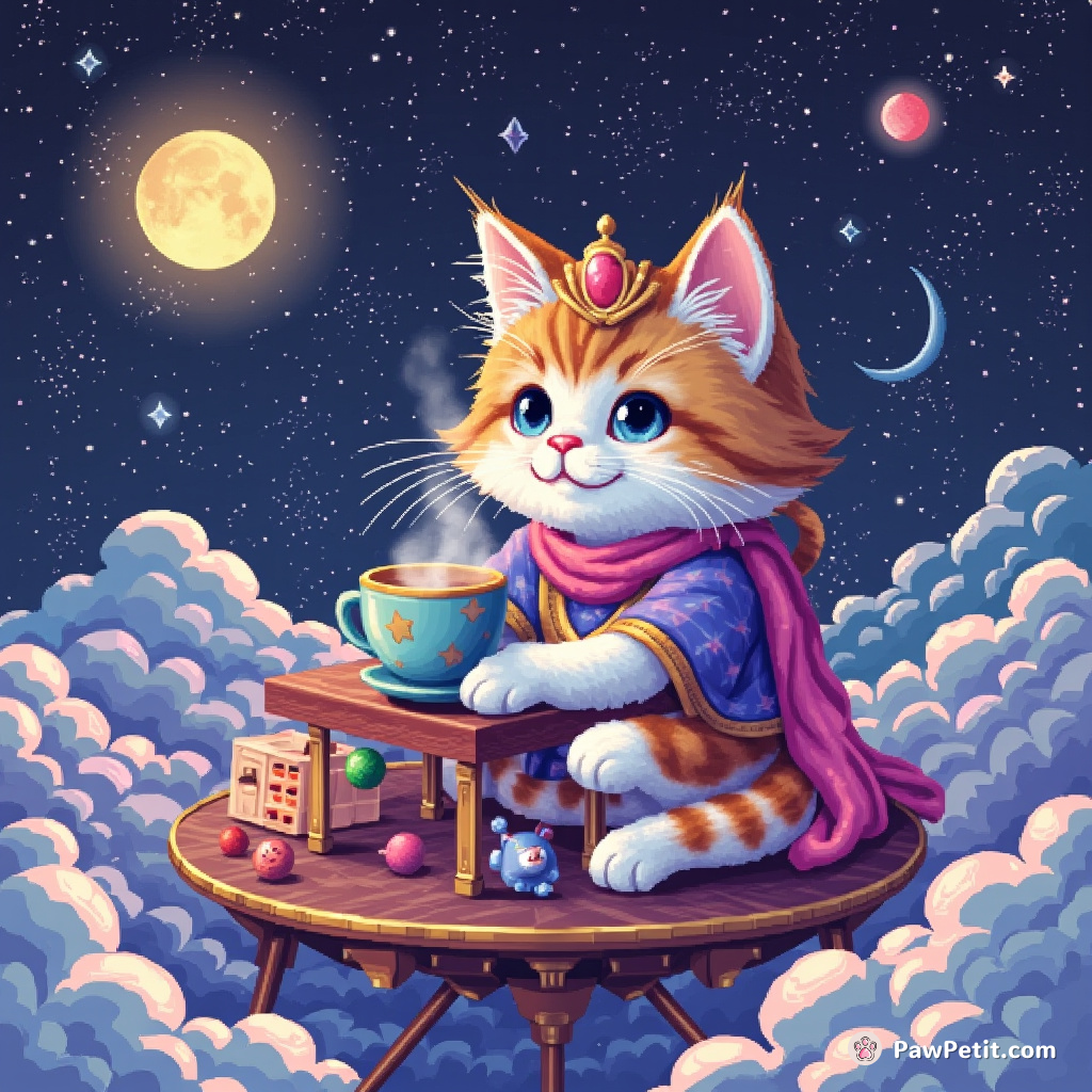 Cat crowned as a moon goddess, sipping galaxy tea in an alien cafe floating on clouds.