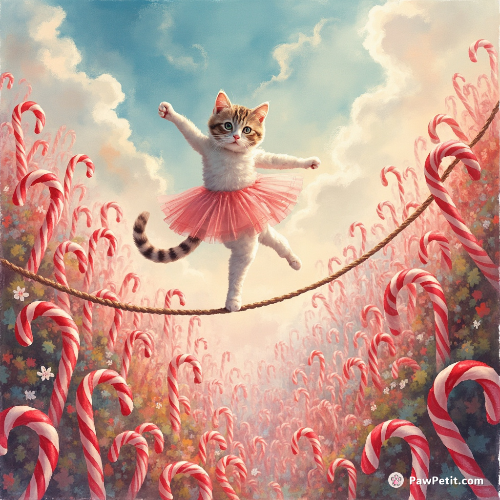 Cat ballet dancer on a tightrope high above a thriving jungle city of candy canes.