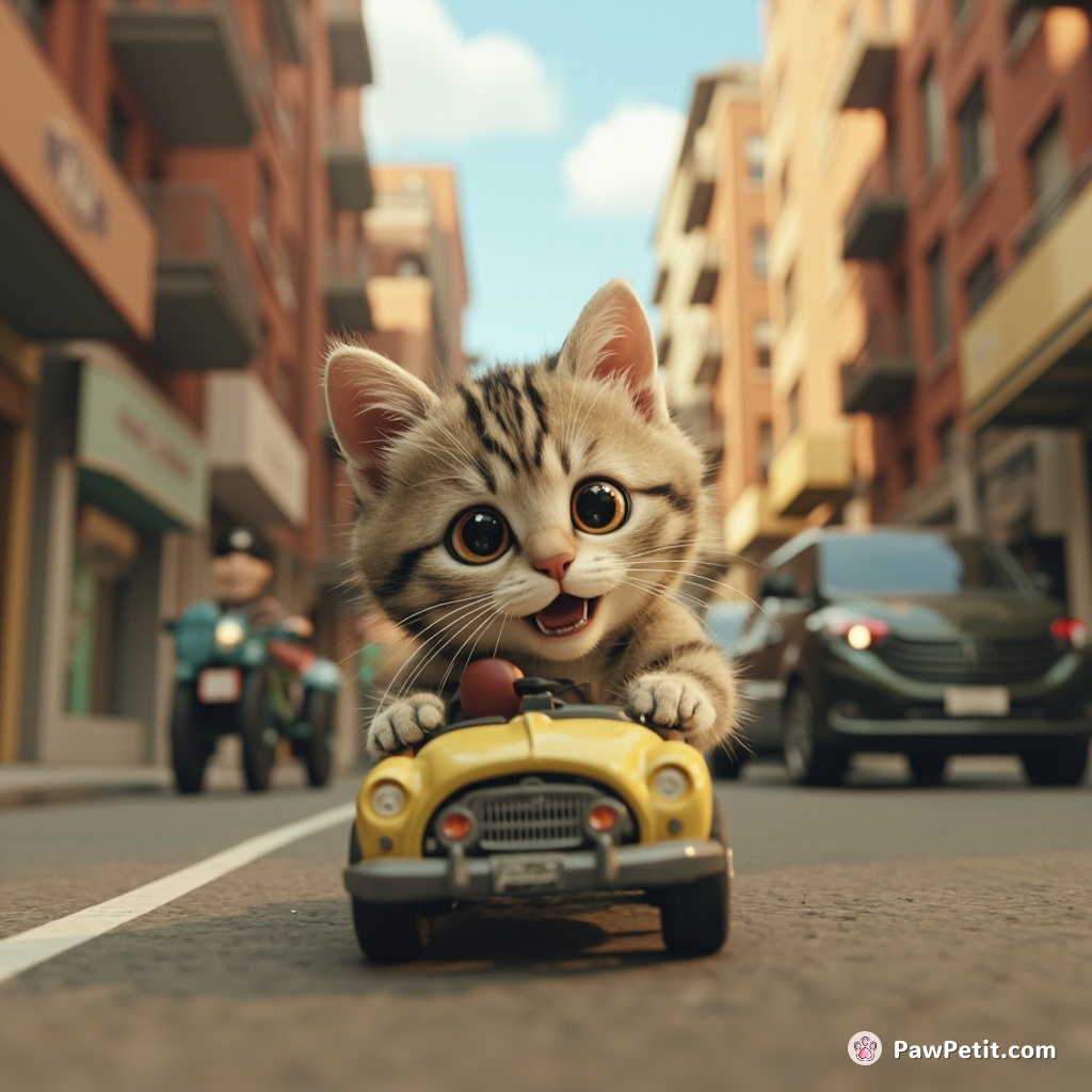 Cat attempts to parallel park a toy car, ends up chasing it down the street with a look of sheer determination.