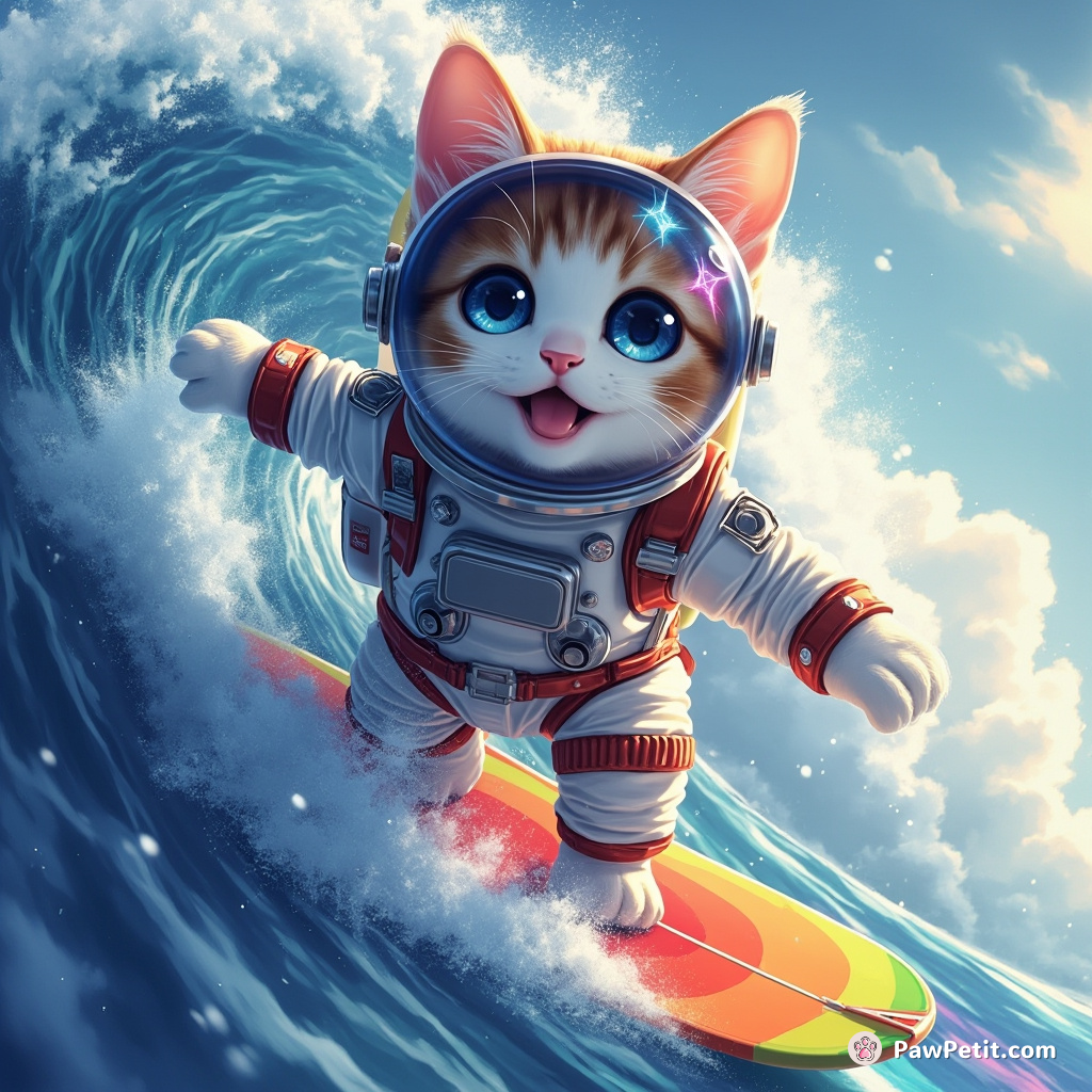 Cat surfing a rainbow wave, wearing a spacesuit with twinkling stars in its eyes.
