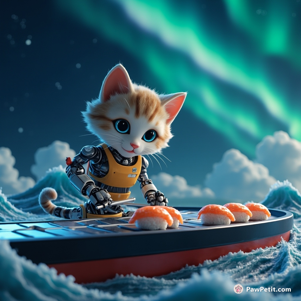 A shiny robotic cat preparing sushi on a moving conveyor belt in the middle of ocean waves illuminated by celestial auroras.