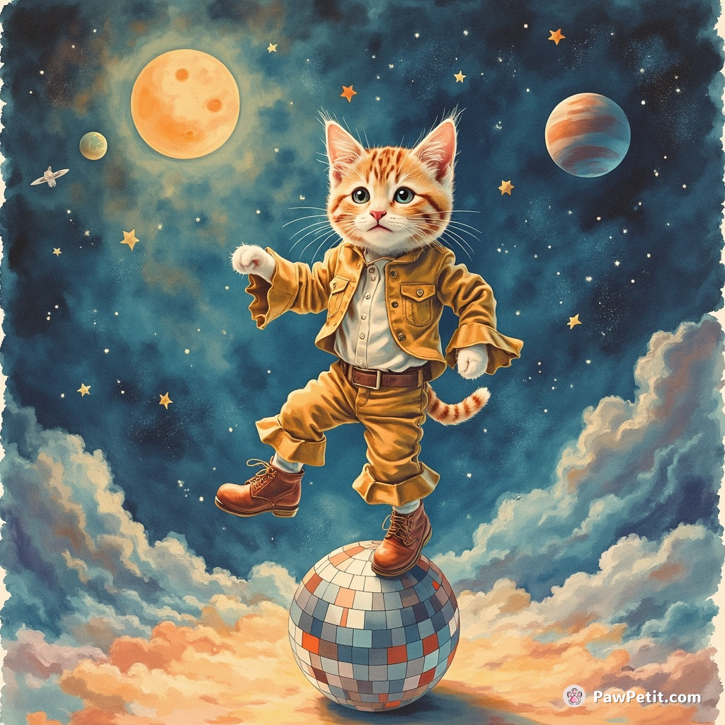 Cat breakdancing on a disco ball in space while wearing platform shoes and bell-bottom pants.