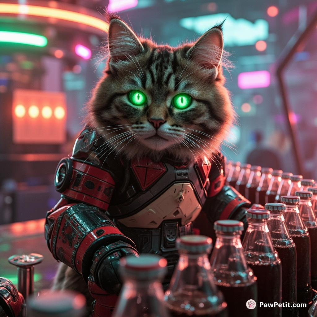 Cybernetic cat with glowing green eyes working in a glittering soda pop factory on Mars.