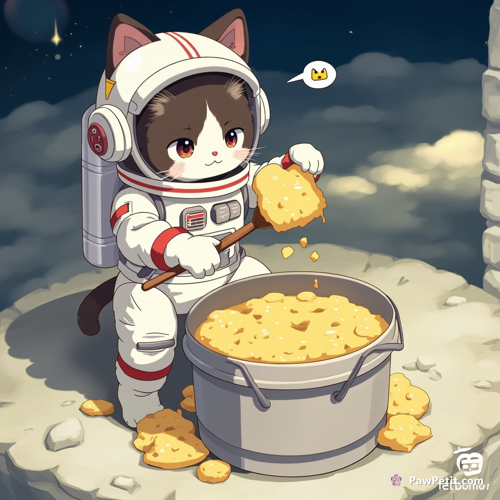 Cat comedically shoveling moon cheese into a bucket while wearing astronaut gear.