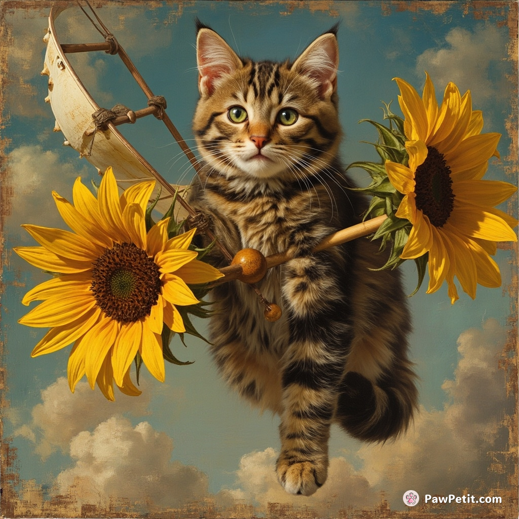 A Leonardo da Vinci style cat planning aerial maneuvers on a sunflower-powered flying contraption.
