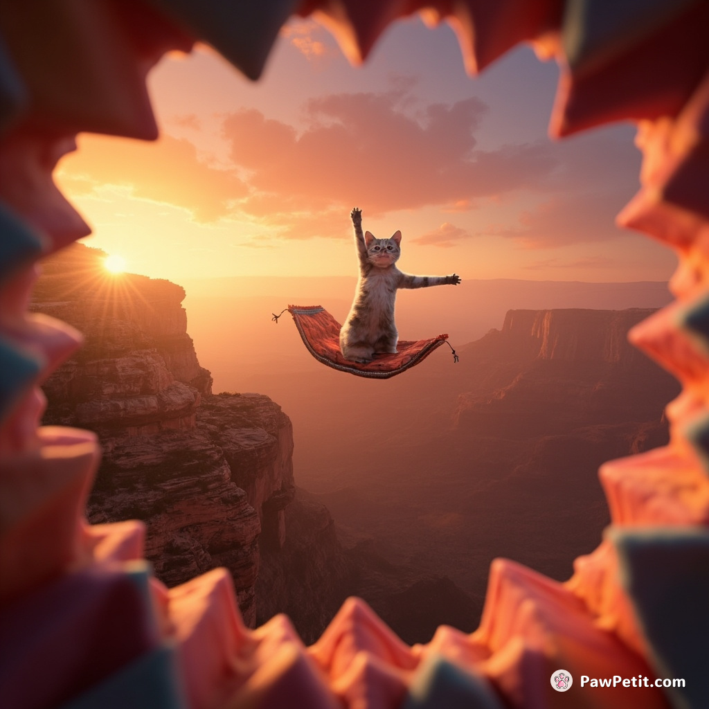 Cat doing yoga on a flying carpet over the Grand Canyon at sunset, seen through a kaleidoscope.