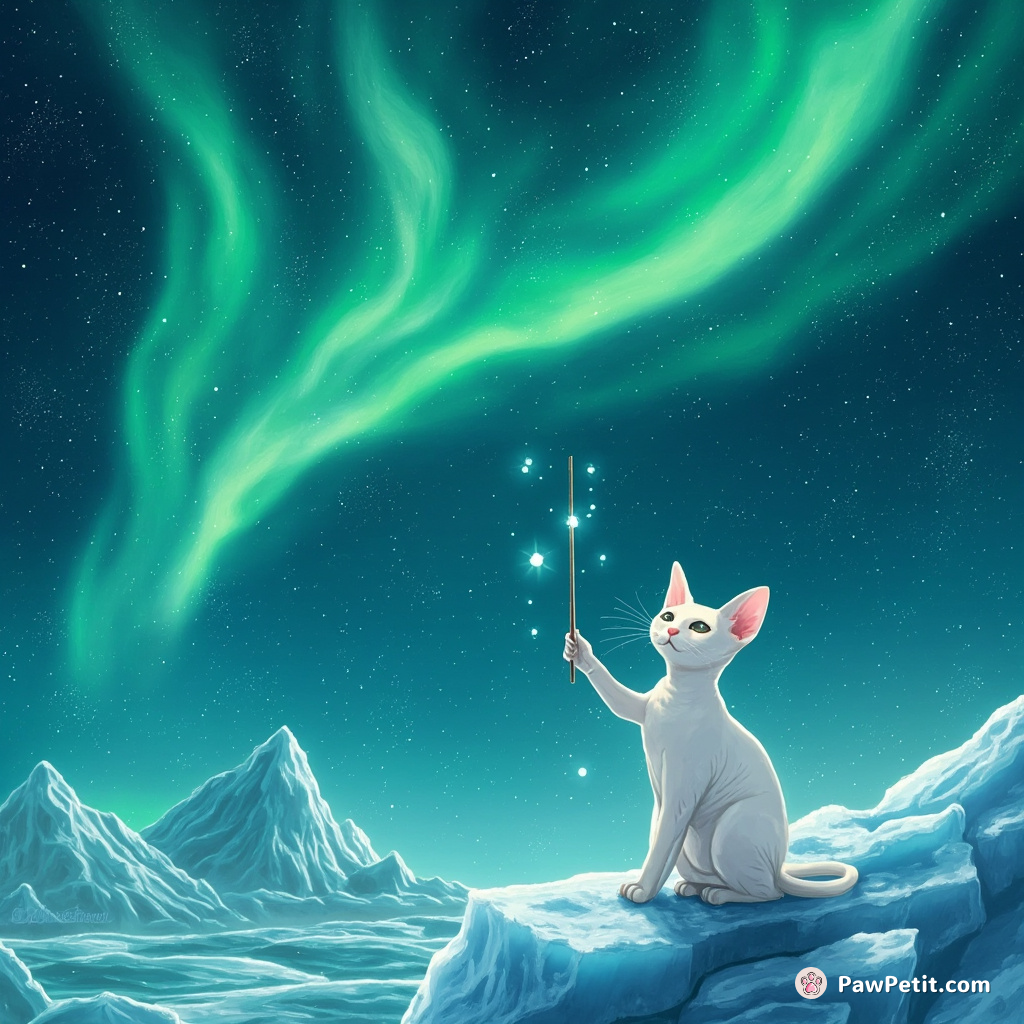 A Sphinx cat conducting a symphony of invisibility under the glacial Northern Lights with celestial auroras revolving around it.