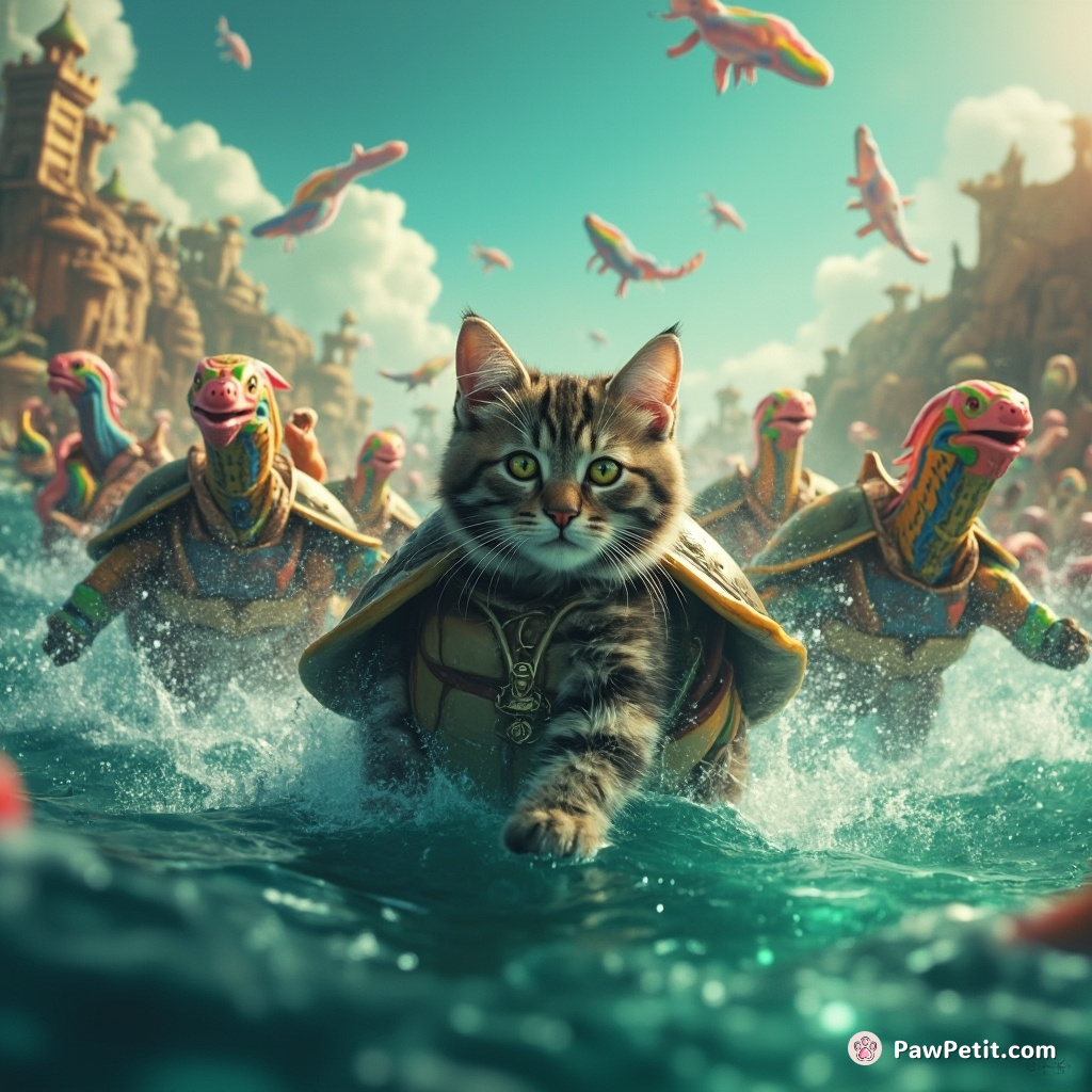 Cat leading a fleet of turtle soldiers against a venomous rainbow seahorse rebellion in liquid diamond waters.