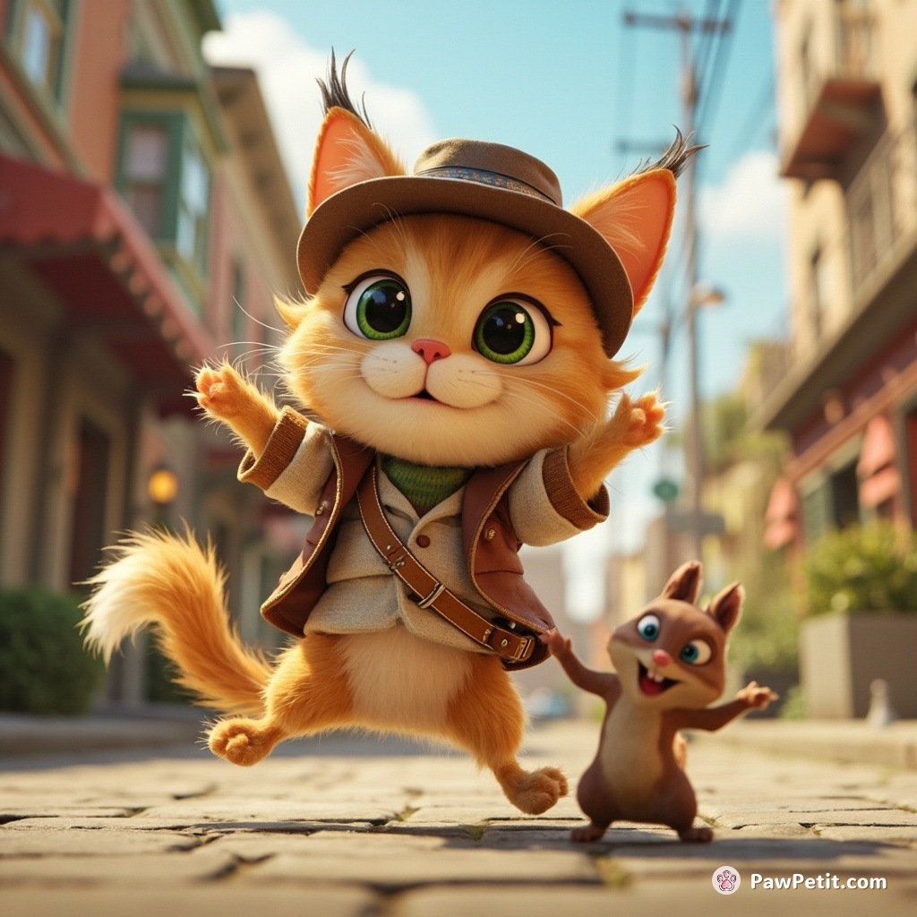 Whiskers the cat dons a tiny hat, struts down the street, and starts a dance-off with a squirrel.