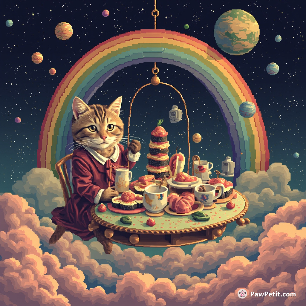 A cat dressed as Lewis Carroll's Mad Hatter, having a giggling tea party with wind-up mouse toys on top of a floating sushi carousel rainbow in space.
