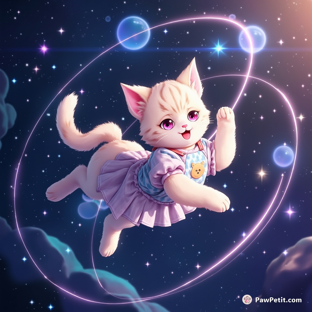 In this virtual cosmos, the feline avatar tailumeled, a gravity-defying spin among heavenly constellations.