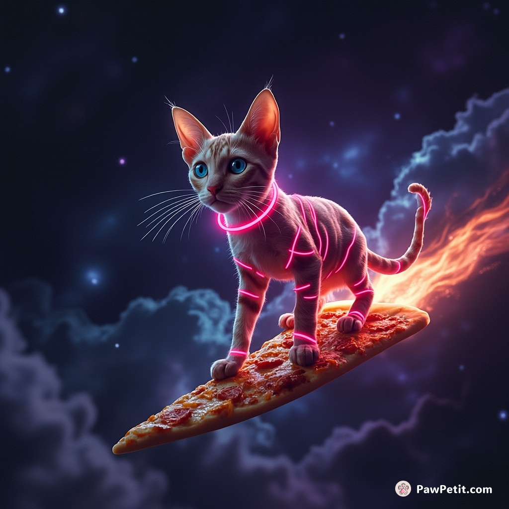 A neon sphynx cat surfing on a slice of space pizza across the Milky Way.