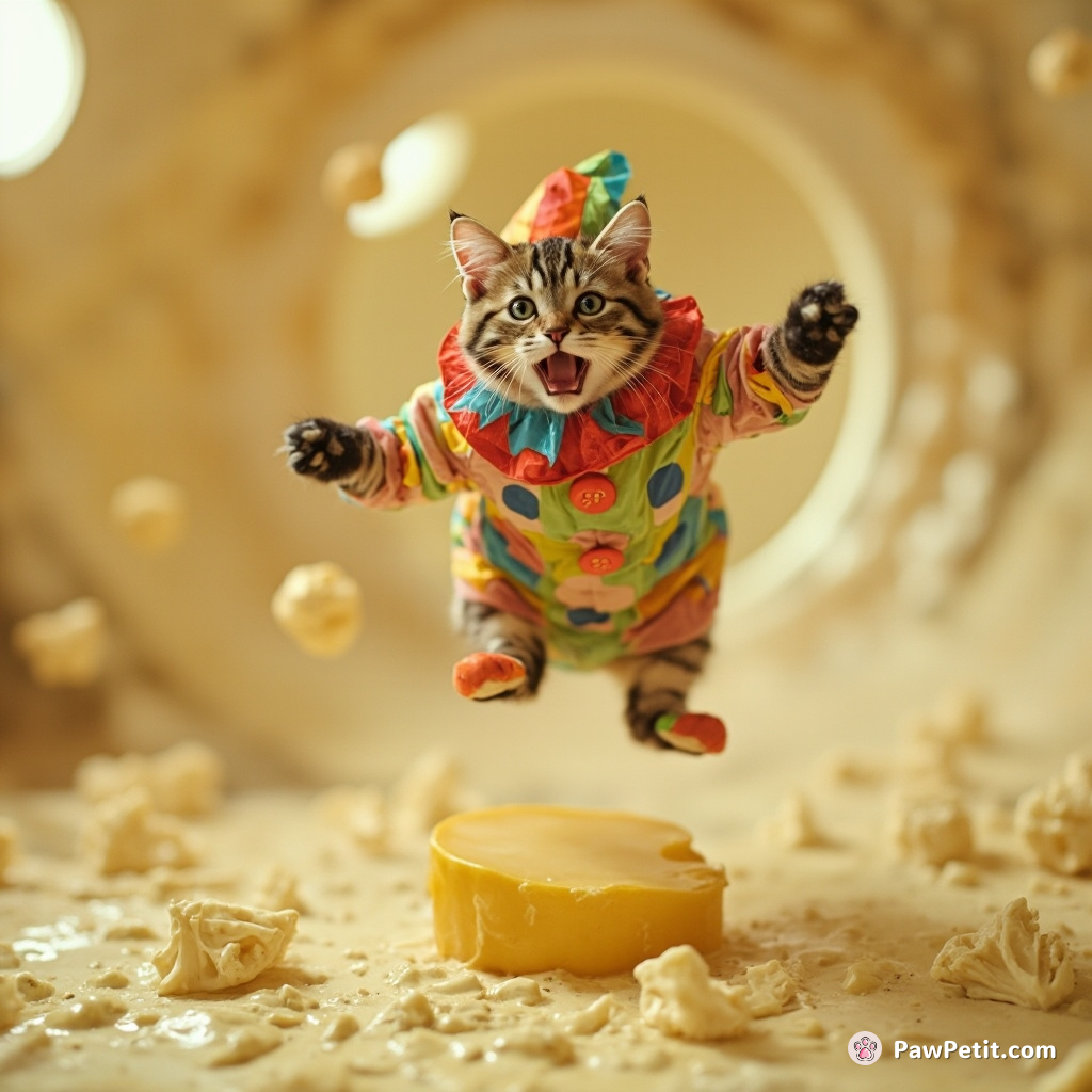 Cat bouncing on a chunk of Gorgonzola cheese in zero gravity zone, wearing a tiny clown suit.