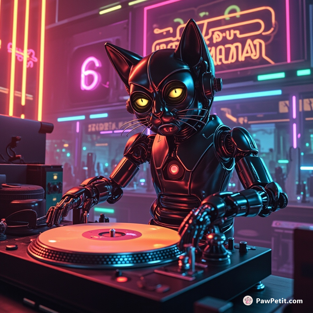 Cybernetic cat DJing on a cheeseburger turntable in a fluorescent 1920s jazz club.