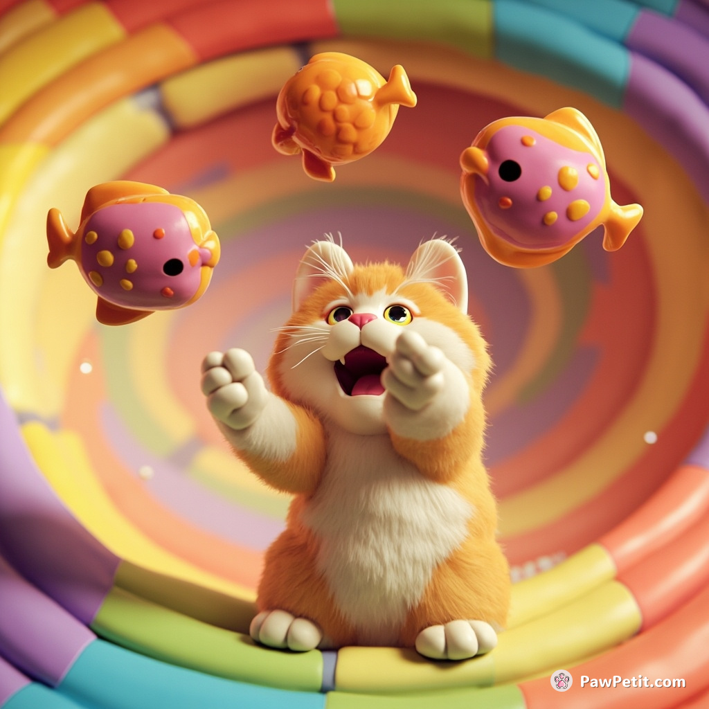 Cat dynamically juggling three fish-shaped autoscrolling emojis over a swirling rainbow vortex.