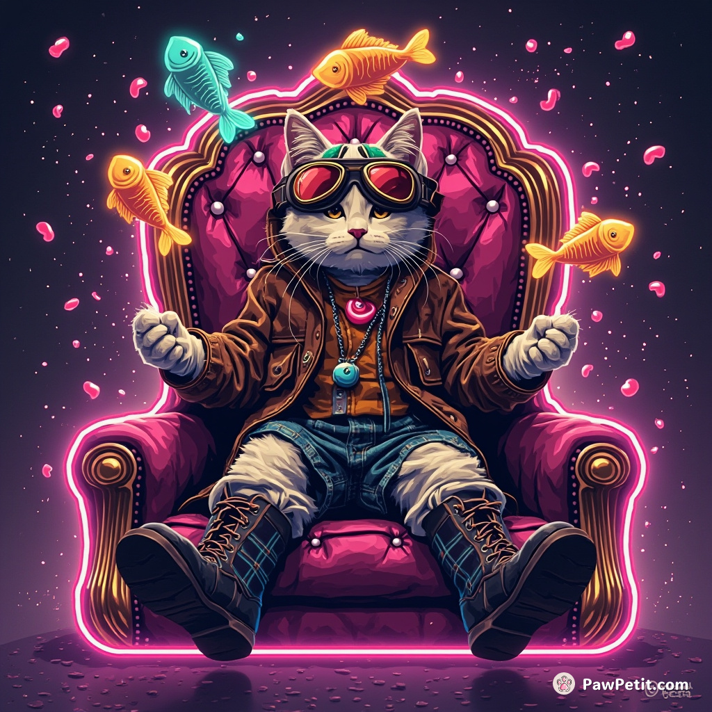 A regal cat sitting on a jellybean throne, juggling neon fish while wearing aviator goggles and plaid boots.