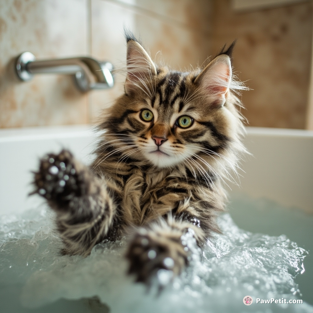 Seeing humans bathe, a cat assumes their water fascination involves being thrown in, prompting frantic pre-emptive claw-lunging.